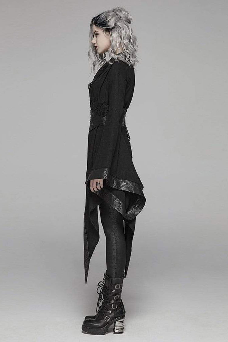 Black V Neck Metal Buckle Strap Waist Lace-Up Flare Sleeve Wave Printing Asymmetric Hem Kimono Women's Punk  Dress - Product - 3