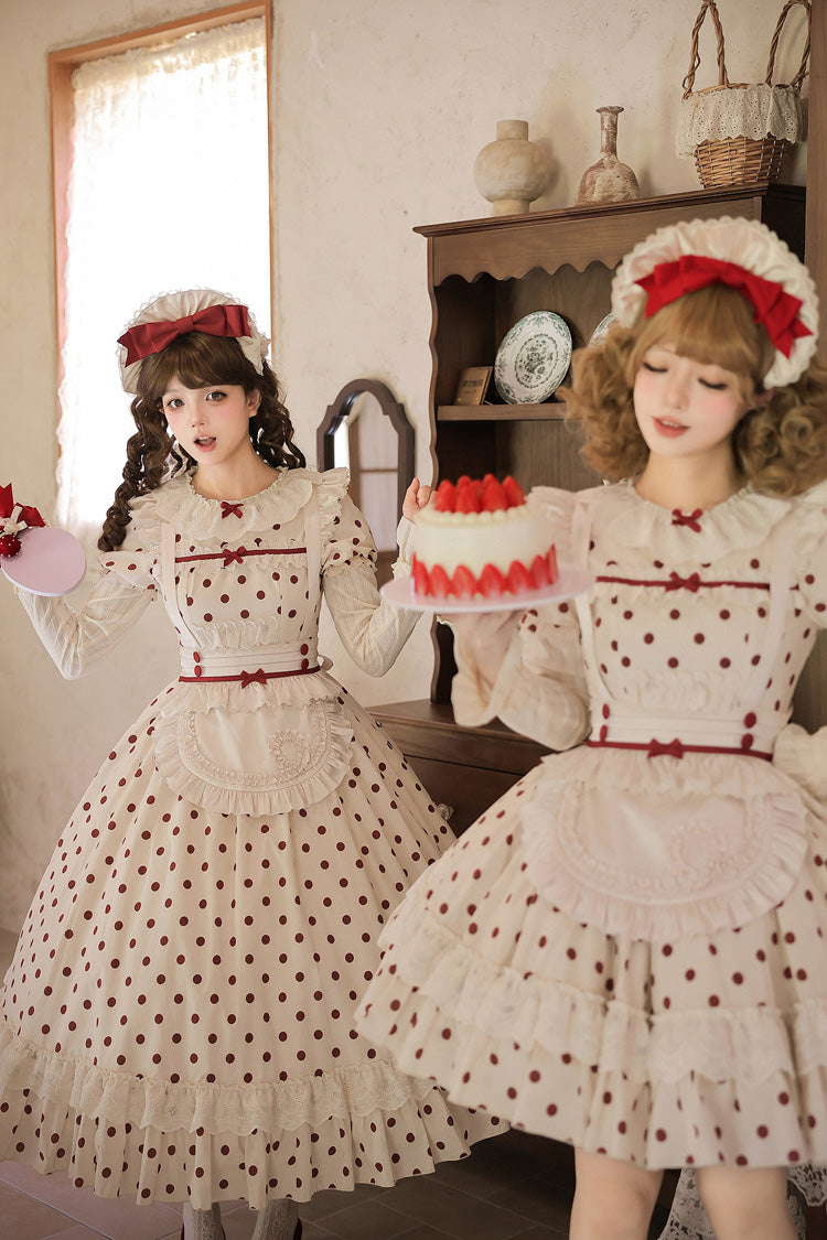 Apricot [Lollipop] Cotton Round Collar Long Lantern Sleeves Polka Dot Printed Ruffled Bow Lace Sweet Elegant Lolita Dress 2 Versions - Product - 6