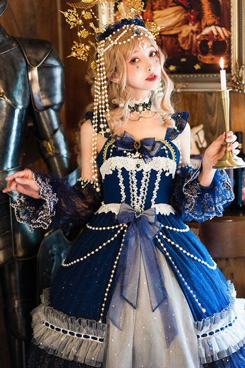 Blue Gorgeous Starry Sky Bowknot Pearl Chain Decoration Multi-Layer Ruffled Sweet Lolita JSK Tiered Dress - Product - 5