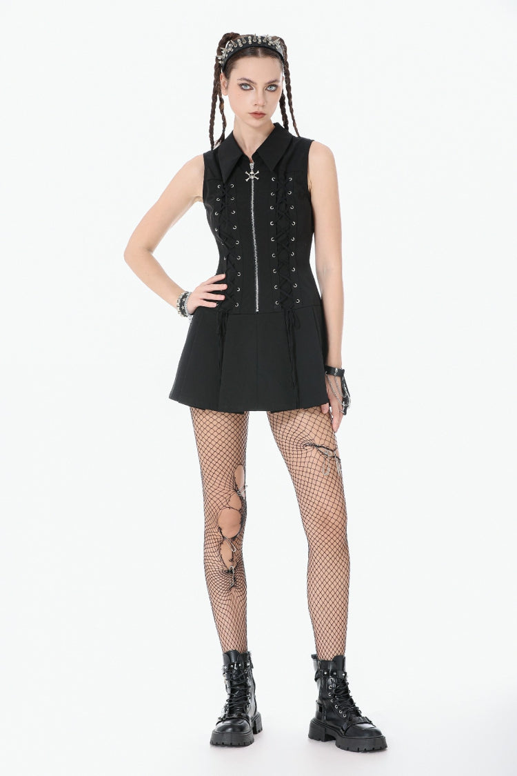 Black Point Collar Sleeveless Skull Zip Women's Punk Dress - Product - 7