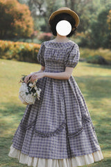 Grey/Blue [Forest Picnic] Boat Neck Short Sleeves Printed Lift-Hem Ruffled Classic Vintage Elegant Lolita Dress - Product - 4