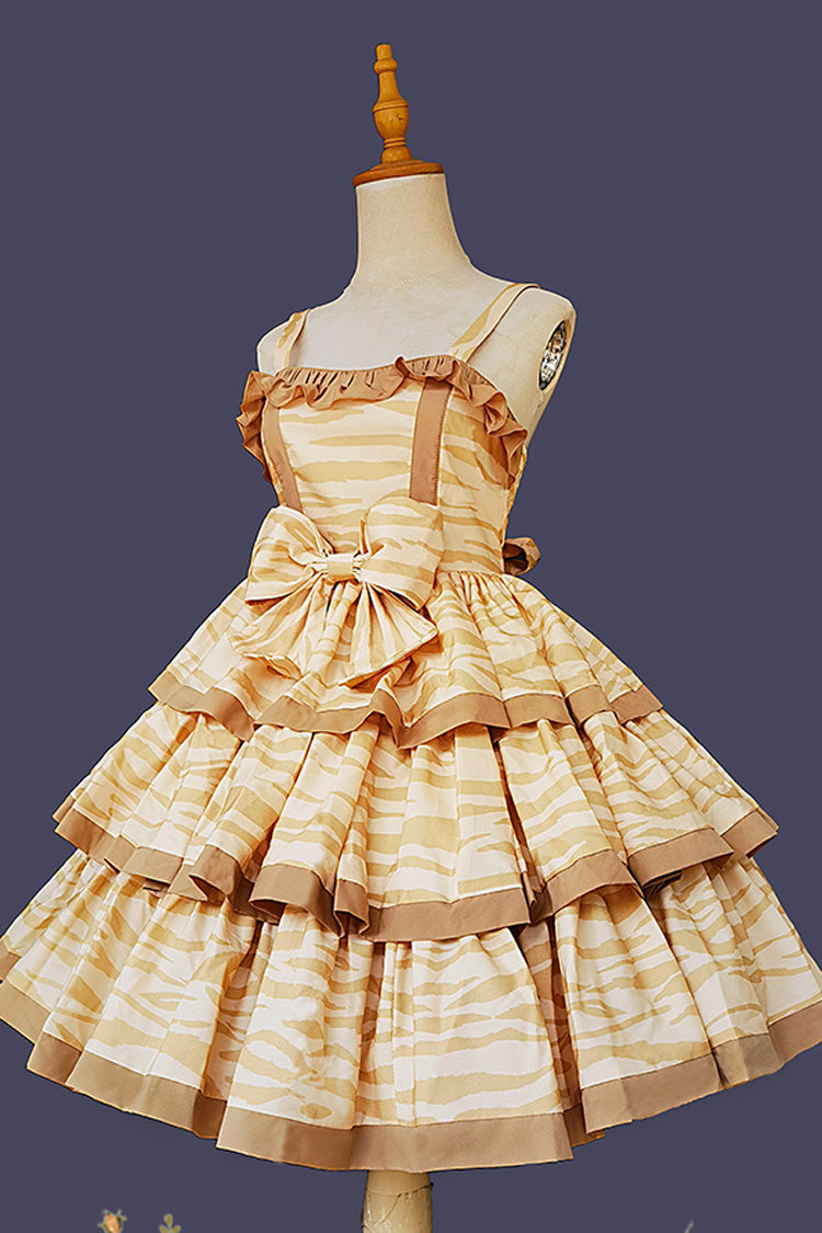Apricot [Cloth Cat] Triple-Layered Print Ruffle Bowknot Sweet Lolita Dress - Product - 10