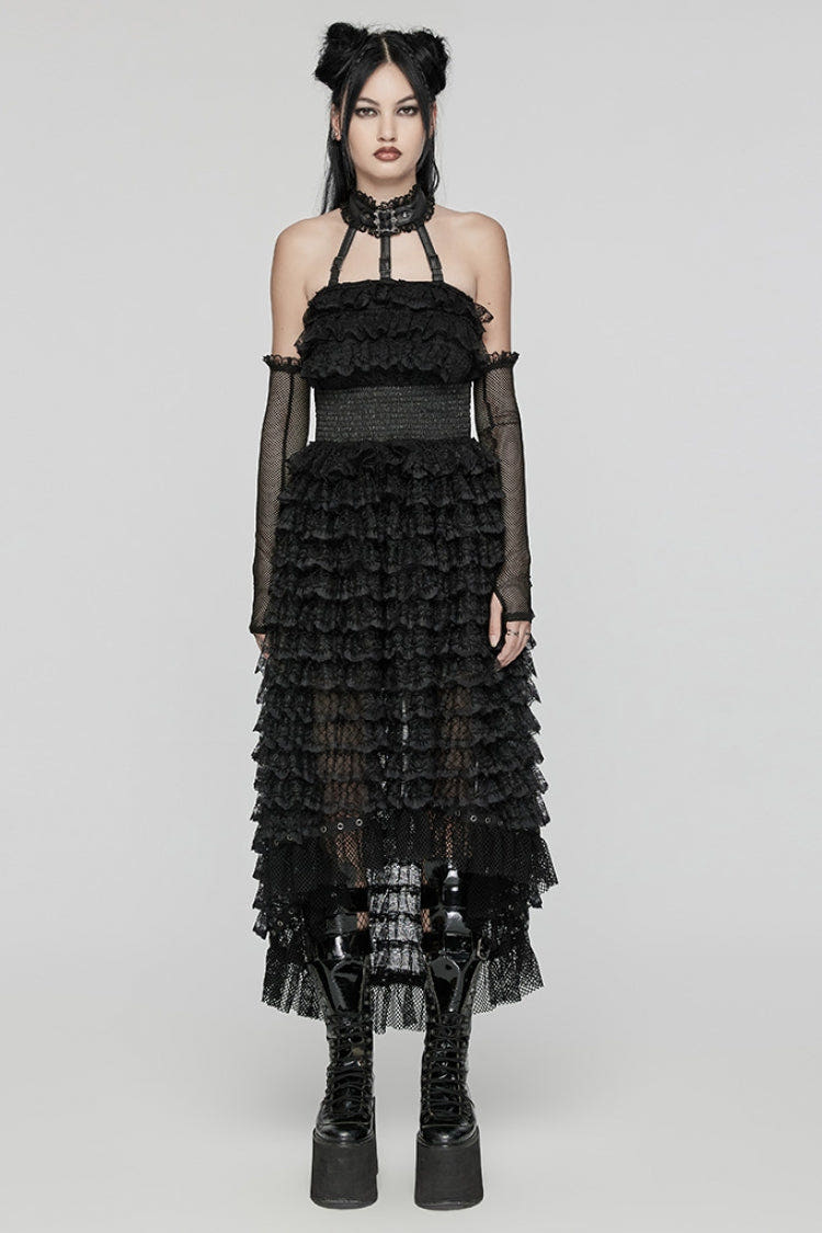 Black Halterneck Long Sleeves Ruffle Lace Women's Punk Dress - Black - 1
