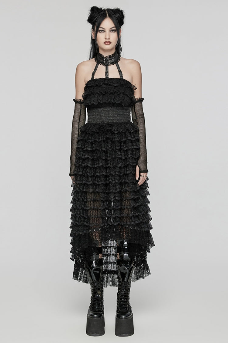 Black Halterneck Long Sleeves Ruffle Lace Women's Punk Dress - Black - 1