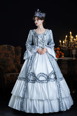 Blue Long Trumpet Sleeves Jacquard Ruffle Bowknot Princess Lolita Victorian Dress - Blue - 1