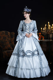 Blue Long Trumpet Sleeves Jacquard Ruffle Bowknot Princess Lolita Victorian Dress - Blue - 1