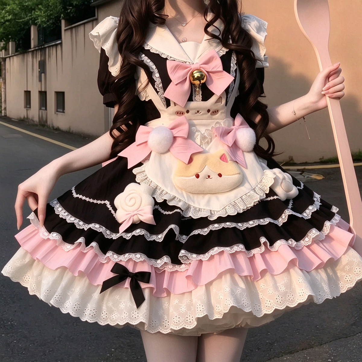 Black and Pink Striped Ruffled Maid Lolita Dress with Apron Accent - view 2