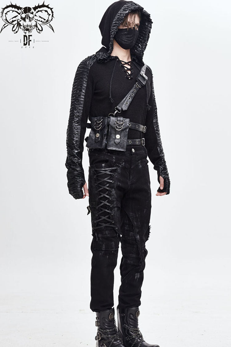 Black Leather Large Capacity Adjustable Fog Flower Men's Gothic Waist Bag - Product - 6