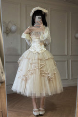 Ivory [The Summer Waves Sparkle] Square Collar Sleeveless Multi-Layered Ruffled Bow Lace-Up Slim Sweet Lolita Skirt Set - Product - 8