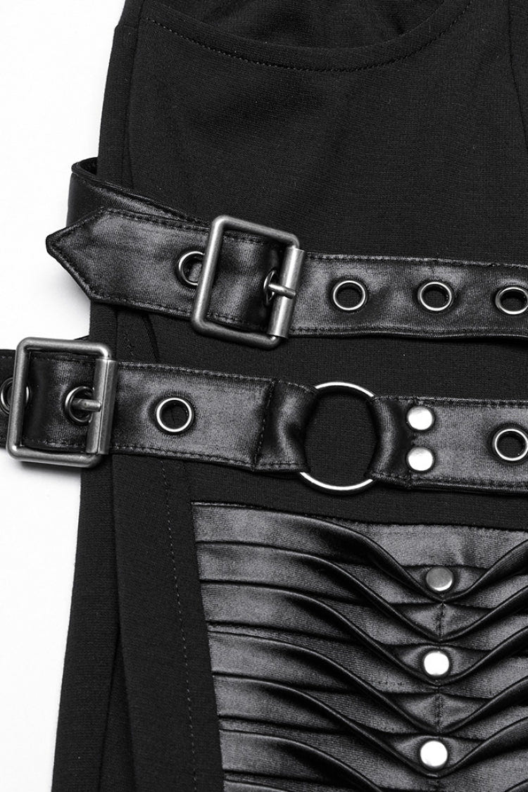 Black Buckle Straps Pleated Women's Punk Leggings - Product - 5
