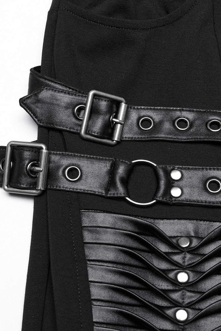 Black Buckle Straps Pleated Women's Punk Leggings - Product - 5