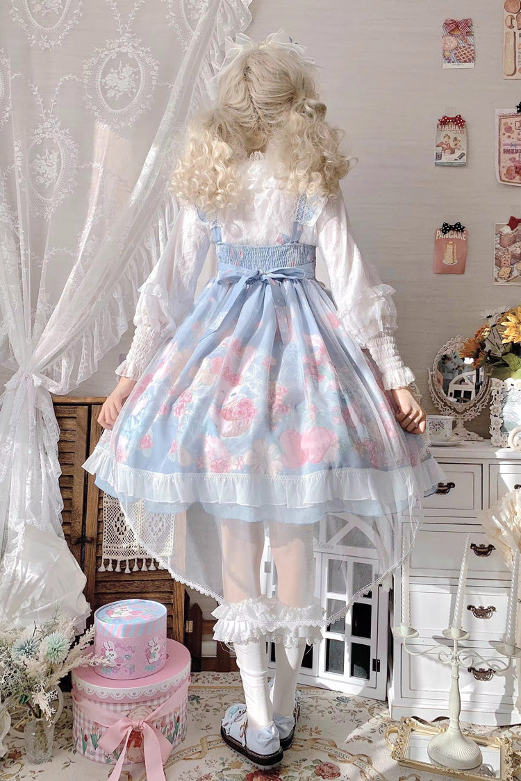 Blue Sleeveless High Waisted Rabbit Print Ruffle Bowknot Sweet Lolita Jsk Dress - Product - 3