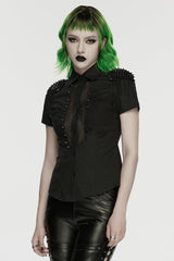 Black Lapel Collar Short Sleeves Mesh Studded Tassels  Women's Punk Blouse - Product - 2
