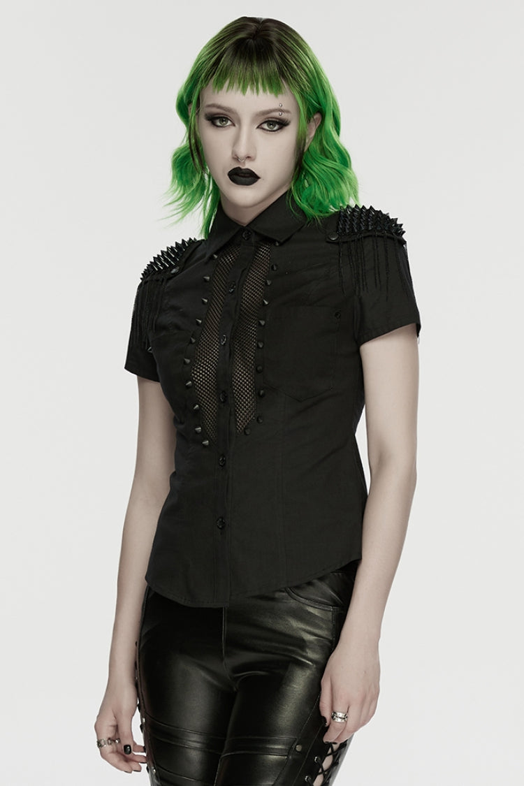 Black Lapel Collar Short Sleeves Mesh Studded Tassels  Women's Punk Blouse - Product - 2