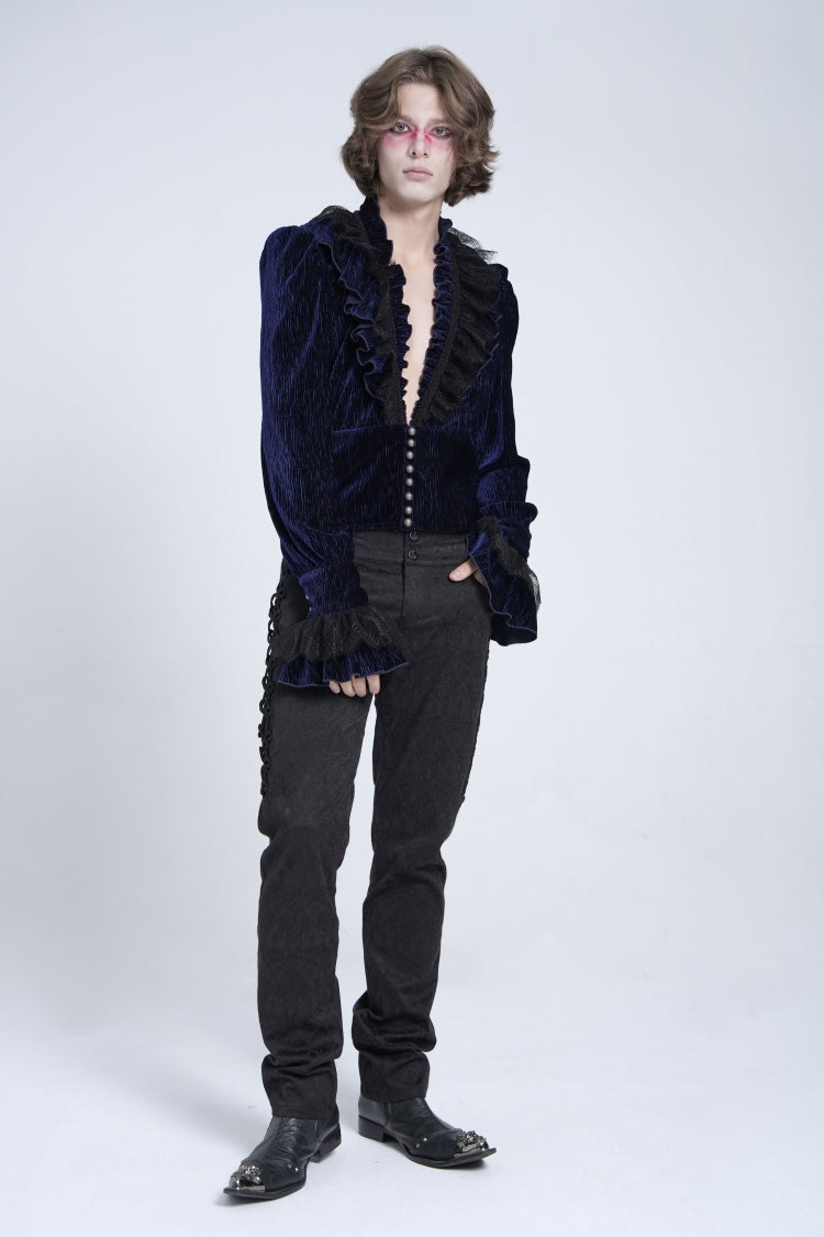 Blue V Collar Long Sleeves Ruffle Stitching Lace Men's Gothic Blouse - Product - 8