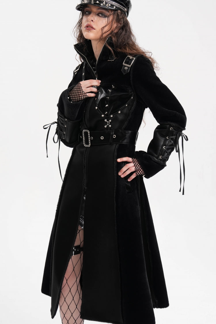 Black Women's Buckle-up Studs Eyelets Gothic Coat - Product - 13