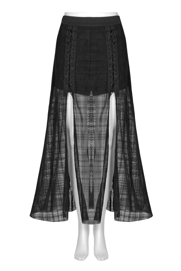 Black Front Metal Eyelets Lace-Up Slit Mesh Hem Women's Punk Skirt - Product - 4