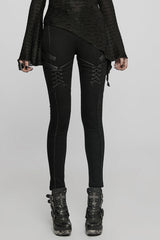 Black Faux Leather Stitching Lace-Up Slim Skinny Women's Punk Jeans Pants - Black - 1