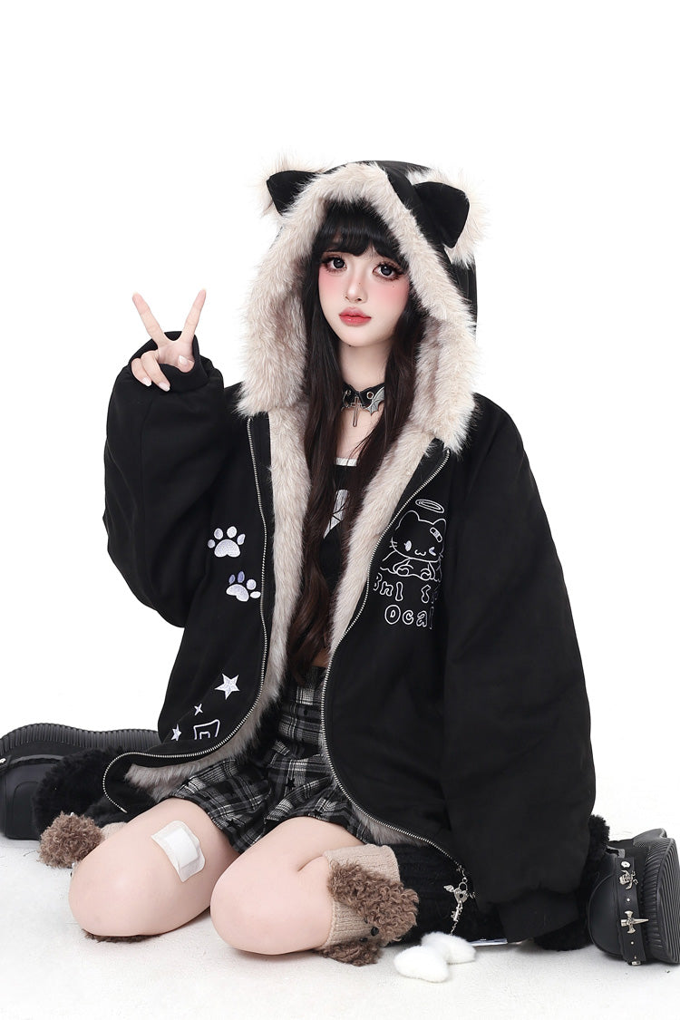 [First Generation Cute] Long Sleeves Print Cat Ear Hooded Zipper Sweet Lolita Coat 2 Colors - Product - 6