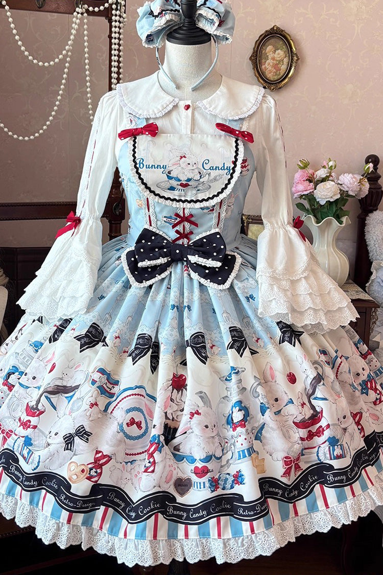 Blue [Mystery Rabbit Tea Party] Sleeveless Print Ruffle Bowknot Lace Sweet Lolita Jsk Dress - Product - 12