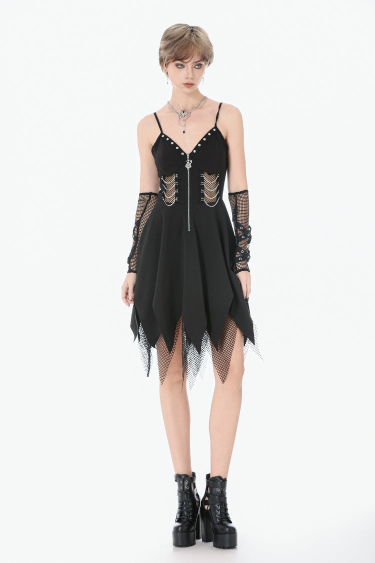 Black Sleeveless Mesh Spliced Studded Zipper Women's Punk Slip Dress - Product - 7