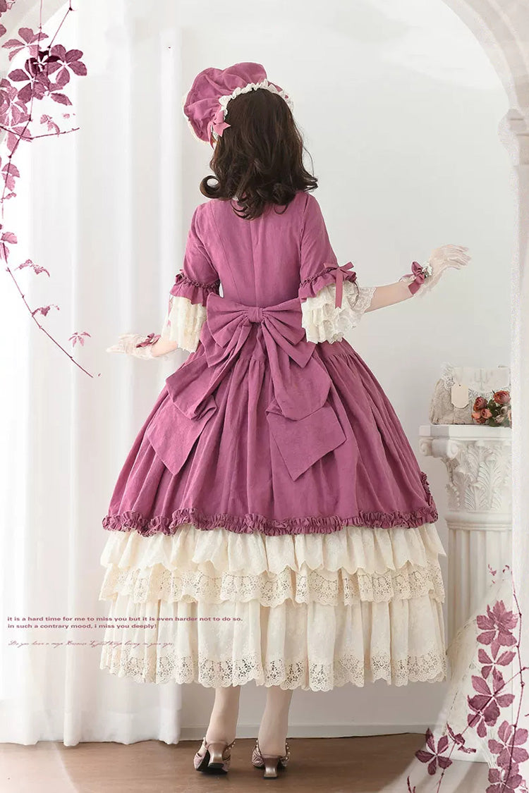 Plum Red [Lilica Garden] Lapel Collar Short Trumpet Sleeves Ruffled Open-Front Bow Lace Sweet Elegant Luxurious Lolita Dress - Product - 5
