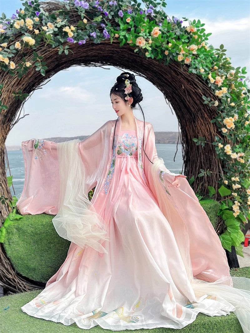 Pink Tang Dynasty Long Trumpet Sleeves Print Embroidery Sweet Hanfu Dress - Product - 3