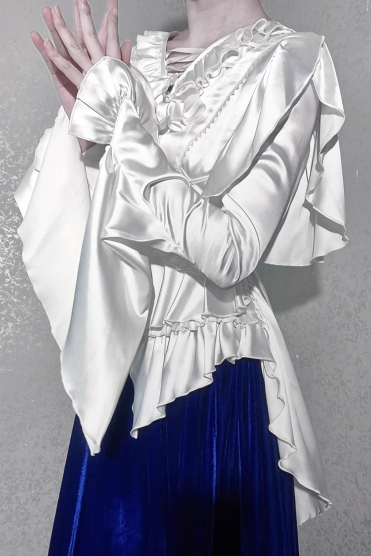 [Echoes of the Deep Sea] Long Hime Sleeves Ruffled Bow Lace-Up Gothic Ouji Lolita Blouse 4 Colors - Product - 13