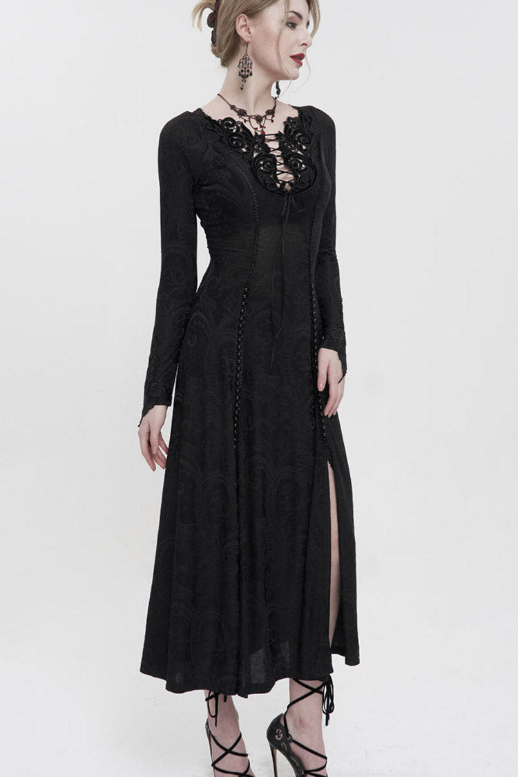 Black Long Sleeve Long Knitting Symmetrical Applique And String at The Chest Women's Gothic Dress - Product - 3