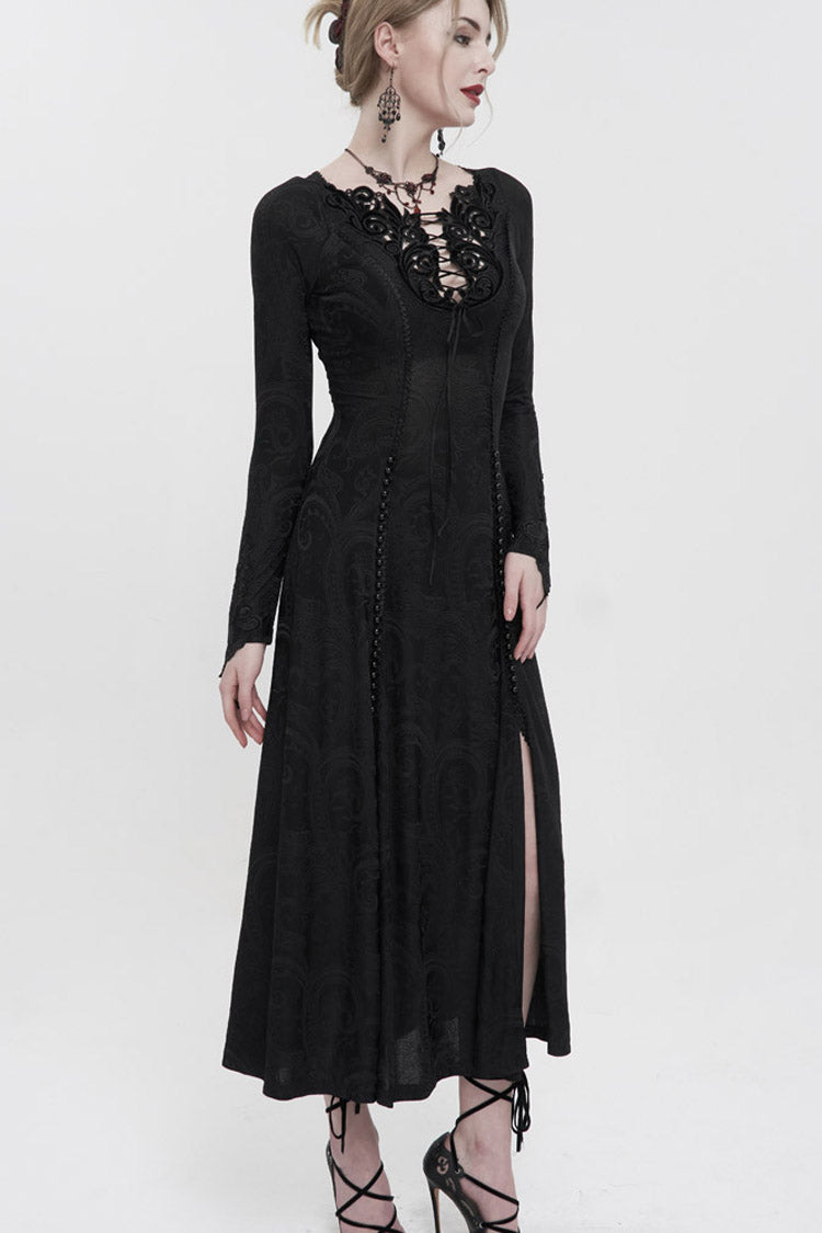 Black Long Sleeve Long Knitting Symmetrical Applique And String at The Chest Women's Gothic Dress - Product - 3