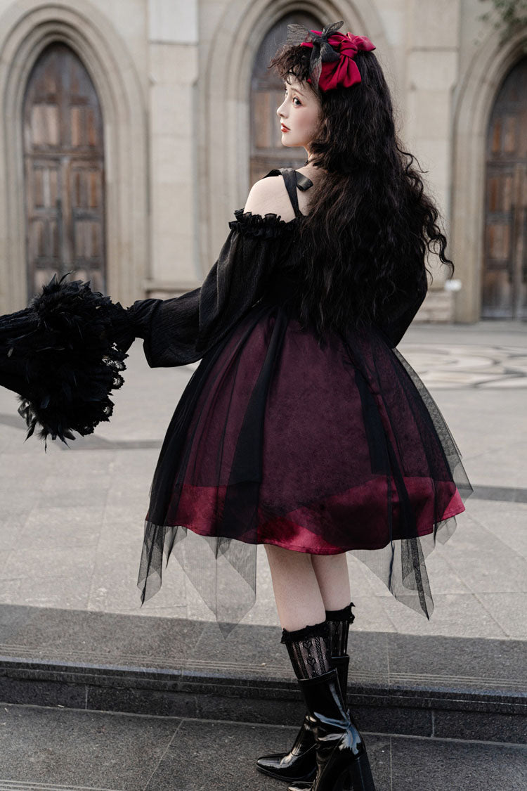 Black Boat Neck Metal Chain Organza Stitching Gothic Lolita OP Dress (Short Version) - Product - 4