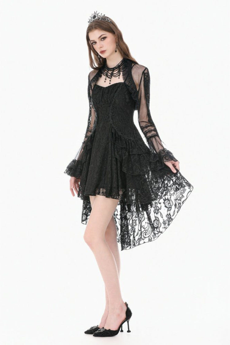Black Lace Ruffled High Collar Long Flare Sleeves Sheer Mesh Women's Gothic Cape - Product - 10