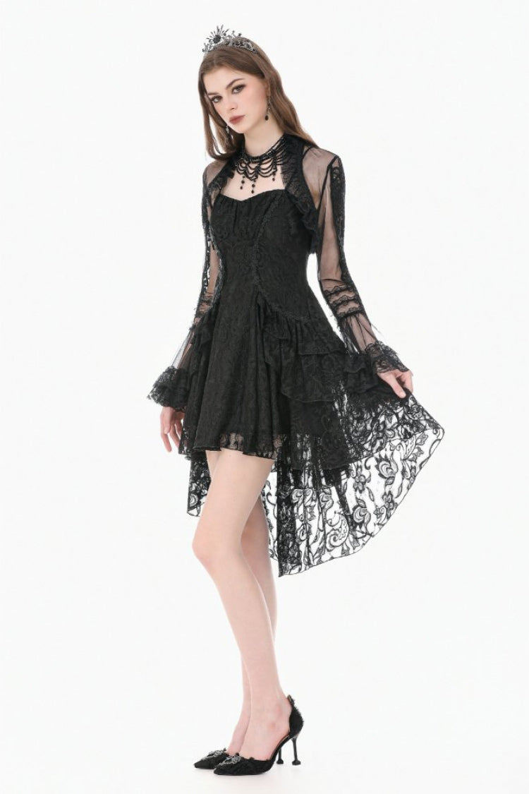 Black Lace Ruffled High Collar Long Flare Sleeves Sheer Mesh Women's Gothic Cape - Product - 10