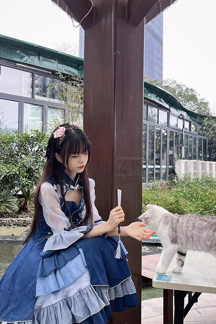 Blue Multi-layer Print Ruffle Classic Plus Size Chinese Style Princess Lolita Jsk Dress - Product - 4