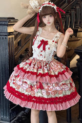 Red [Strawberry Bear] Sleeveless Double-Layered Print Ruffle Bowknot Sweet Princess Lolita Jsk Dress - Red - 1