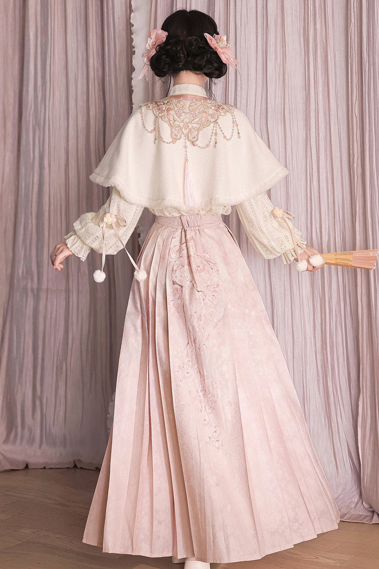 ピンク [Cherry Blossoms Falling] スタンドカラー 長袖 ハイウエスト ジャカード プリント レディース スウィート 漢服 ワンピースセット 商品画像