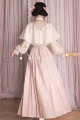 Pink [Cherry Blossoms Falling] Stand Collar Long Sleeves High Waisted Jacquard Printed Women's Sweet Hanfu Dress Set - Product - 10