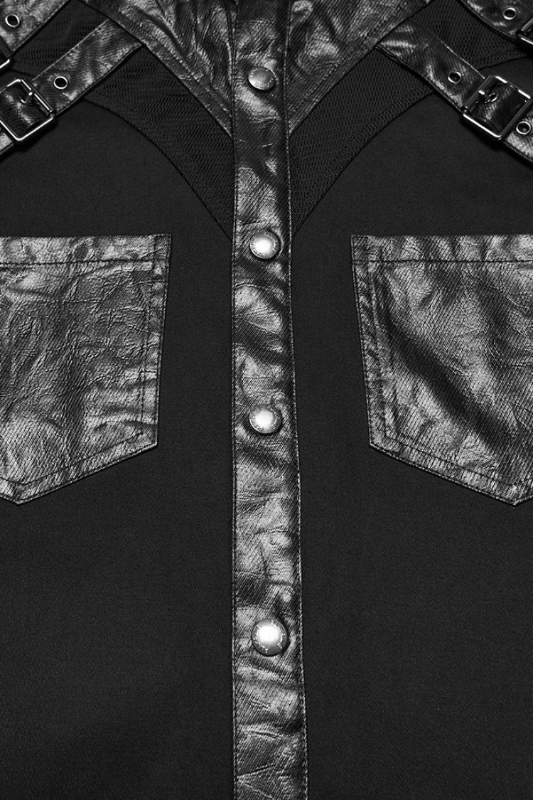 Black Stand Collar Long Sleeves Rivet Buckle Straps Eyelet Men's Punk Blouse - Product - 8