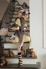 Brown/Yellow [Witch and Paradise] Short Sleeves Ruffle Bowknot Sweet Japanese Halloween Lolita Dress Vest Set - Product - 8