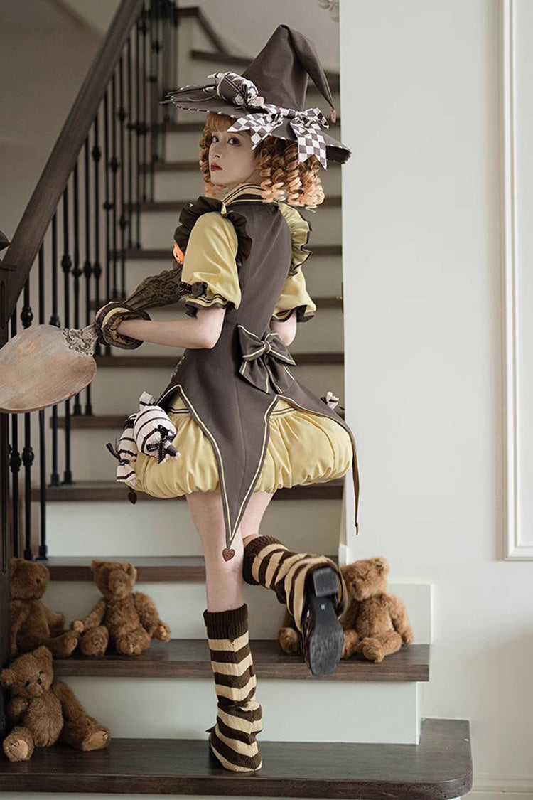 Brown/Yellow [Witch and Paradise] Short Sleeves Ruffle Bowknot Sweet Japanese Halloween Lolita Dress Vest Set - Product - 8