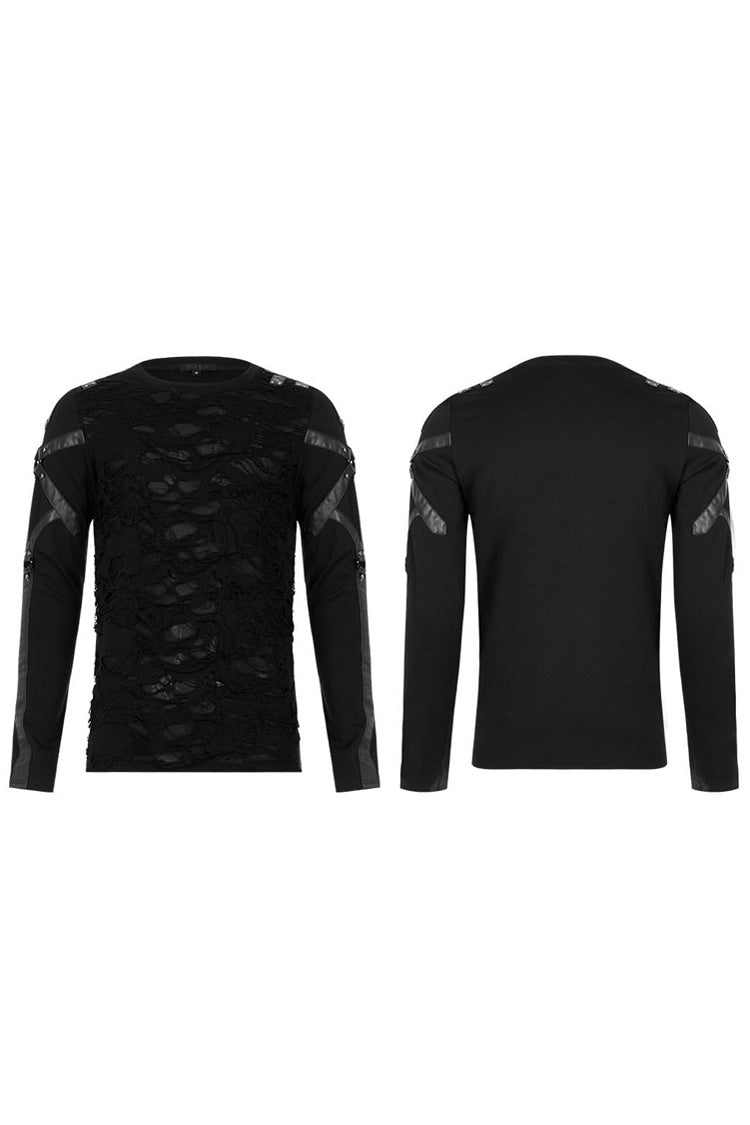 Black Long Sleeve Leather Strap Decoration Broken Holes Knit Men's Punk T-Shirt - Product - 5