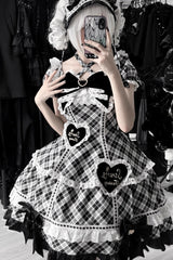 Black/White [Shibuya Sweetheart] Short Sleeves Plaid Print Ruffle Bowknot Sweet Lolita OP Dress (Plus Size Support) - Product - 5