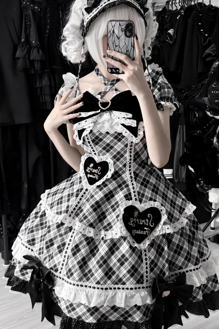 Black/White [Shibuya Sweetheart] Short Sleeves Plaid Print Ruffle Bowknot Sweet Lolita OP Dress (Plus Size Support) - Product - 5