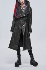 Black/Gray Large Neckline Design Long Leather Shoulder String Decoration Women's Punk Jacket - Black/Gray - 1