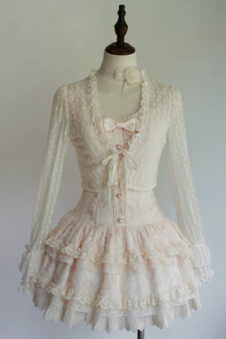 Sweet Square Collar Sleeveless Ruffled Embroidered Bow Lace Boned Lolita Dress 3 Colors (Pink, Green, Blue) - Product - 6