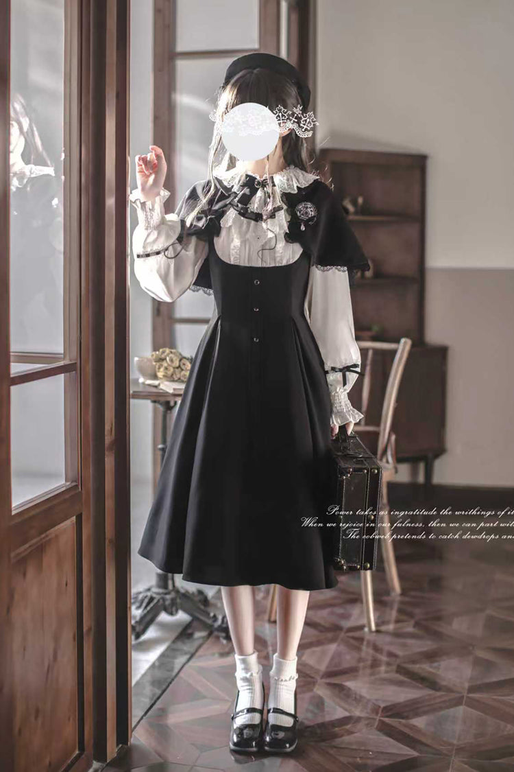 Black/White [Sunset Academy] Long Sleeves Ruffle Bowknot Fake Two Pieces Vintage College Style Elegant Lolita Dress - Product - 9