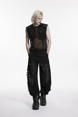 Black Spliced Mesh Ripped Studded Eyelet Men's Punk Cool Vest - Product - 5