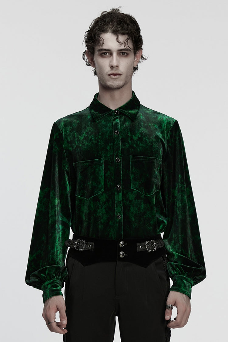 Green Lapel Collar Long Puff Sleeves Men's Gothic Shirt - Green - 1