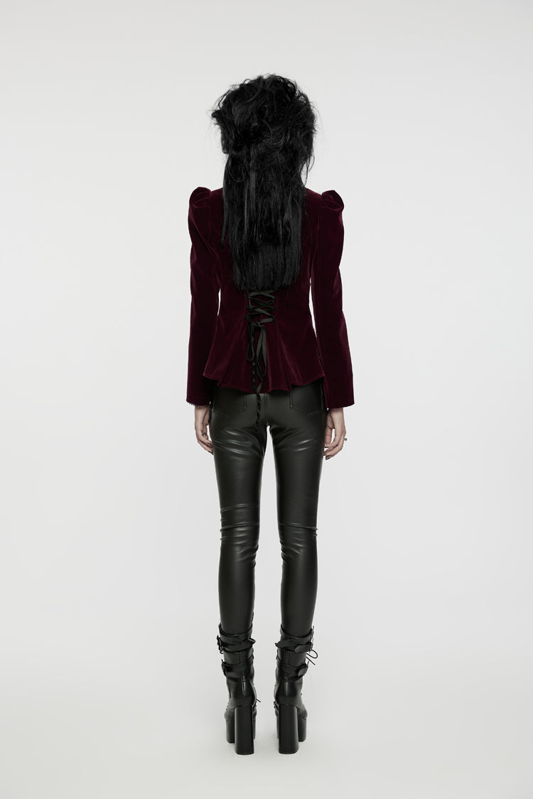 Red Stand Collar Long Sleeves Women's Gothic Swallowtail Coat - Product - 6