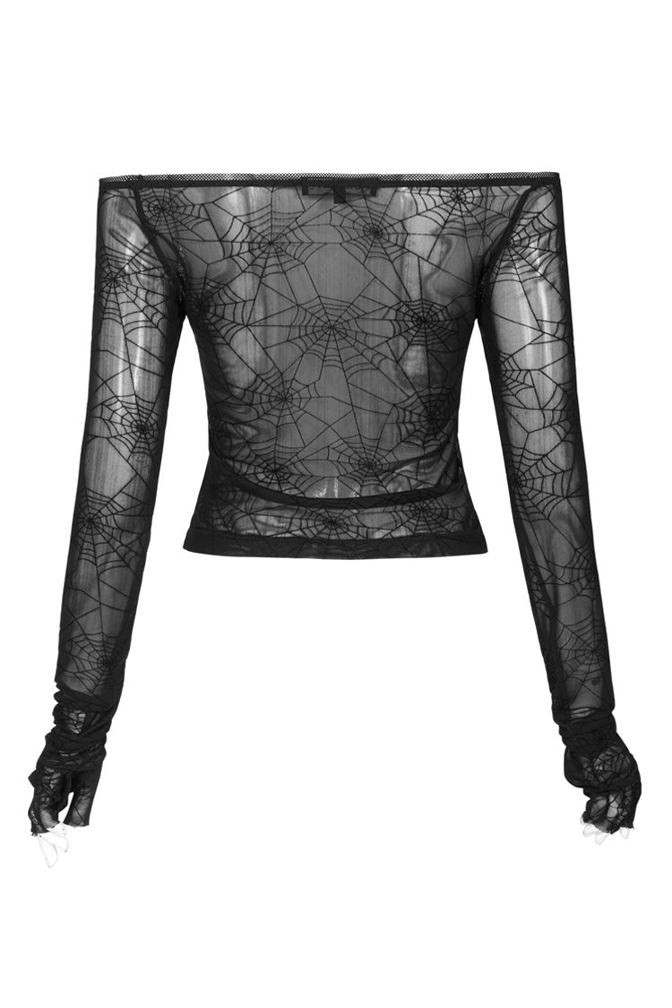 Black Long Sleeve One Word Collar Half Cut Finger Cuffs Tight Velvet Cobweb Prints Women's Punk T-Shirt - Product - 6